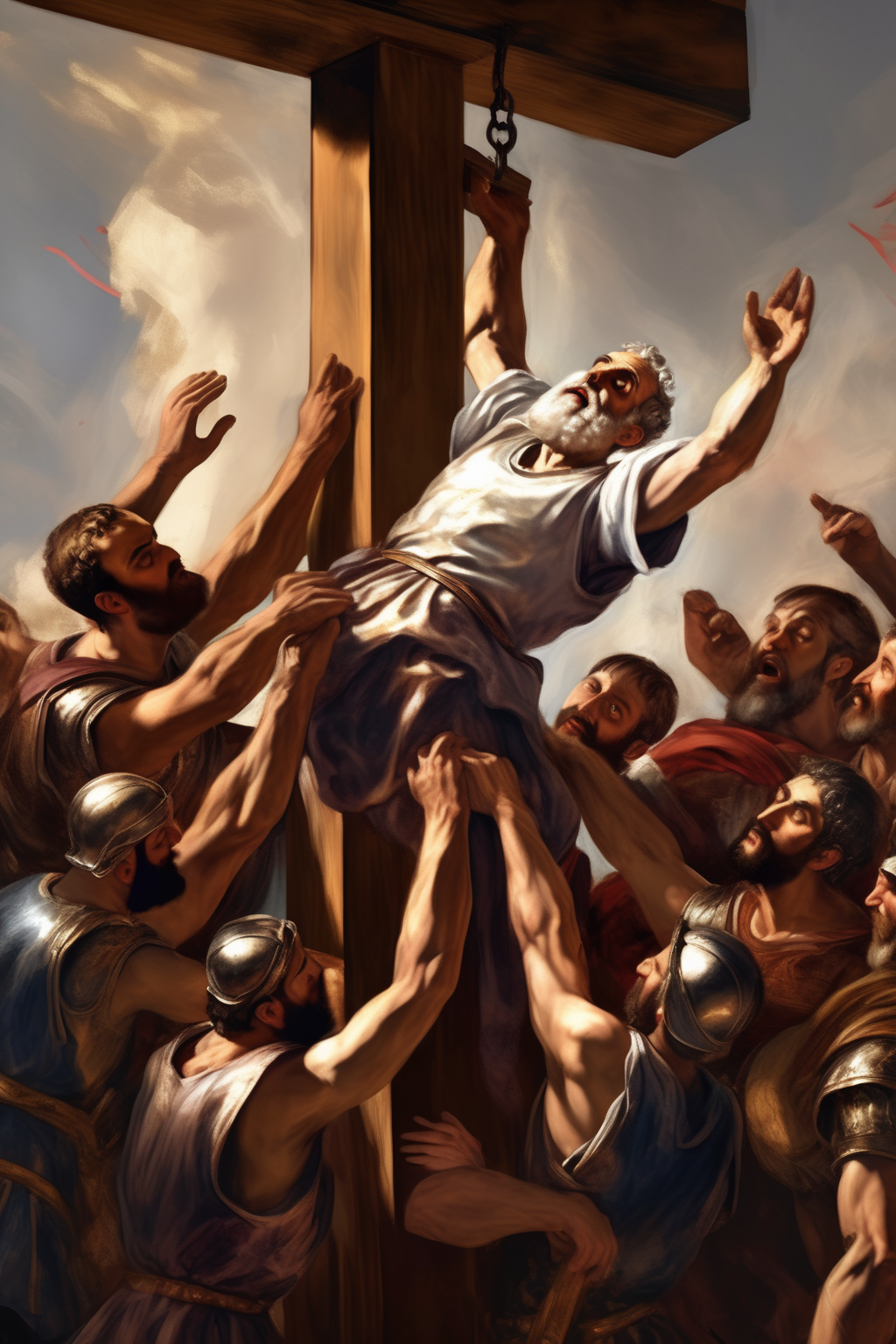 00511-3638561373-_lora_Tintoretto Style_1_Tintoretto Style - A painting of Saint Peter being lifted upside down on a wooden bar by roman soldiers.png